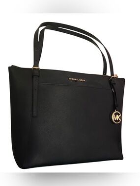 Michael Kors Black Leather Tote with Gold Accents